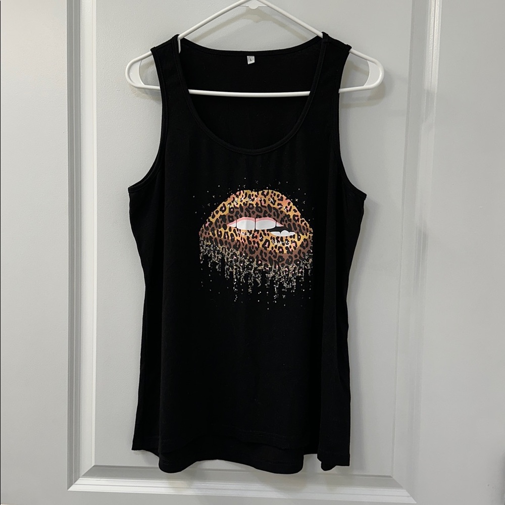 Black Tank Top with Cheetah Lips Design